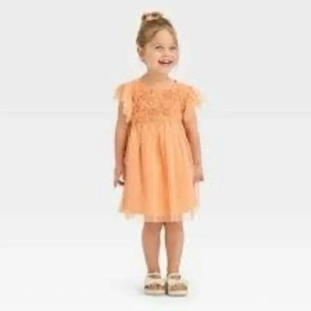 Cat & Jack Girls Size 3T Casual Dress Peach Pink Fir Flare Tulle Sleeve